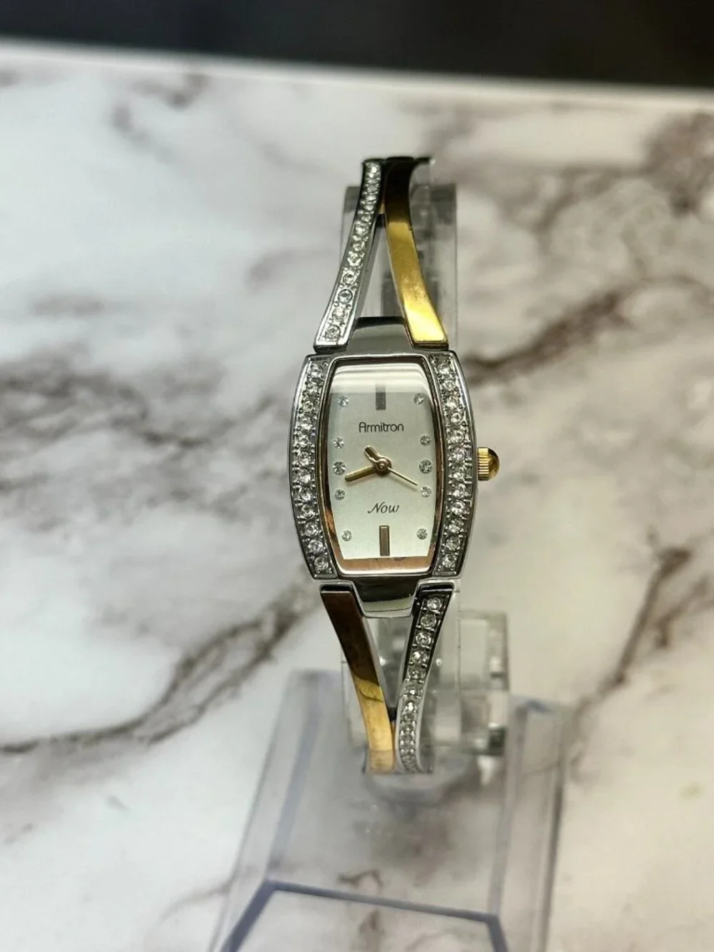 3/$30 Armitron Watch Women Silver Rose Gold Two Tone Crystal Bezel 7.5